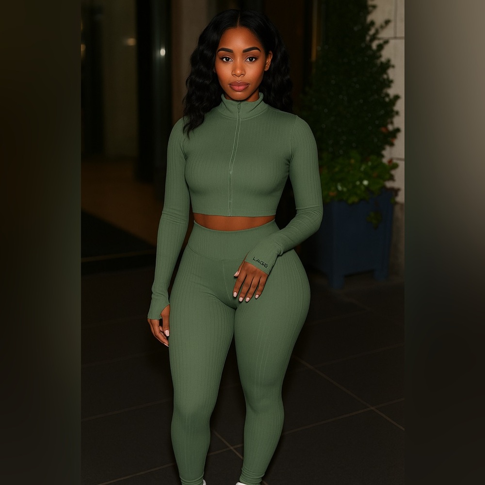 Athletic So Risque Luxe Ribbed Activewear Set – Sage Green